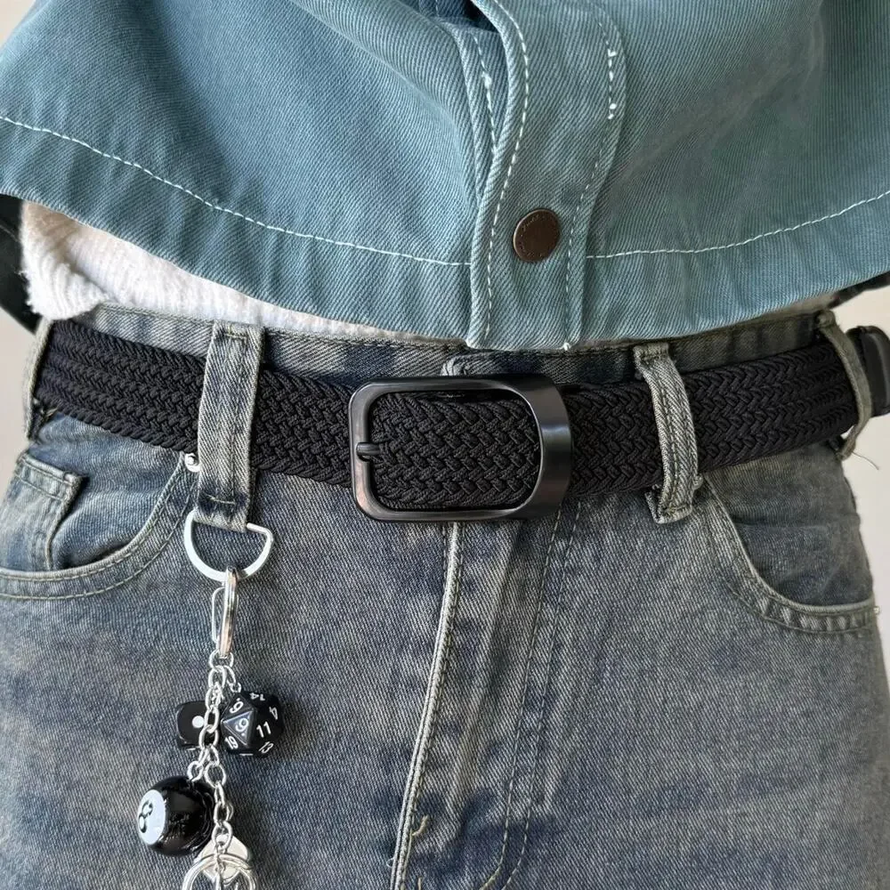 Y2K Black Grey Elastic Belt Silver Hardware Adjustable Unisex New
